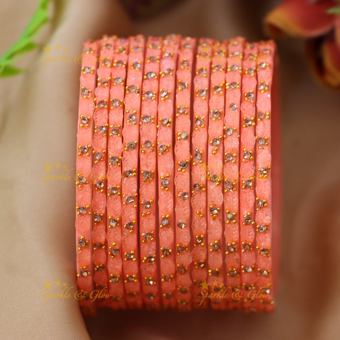 Vintage Leaf-Patterned Stone Glass Bangles Set