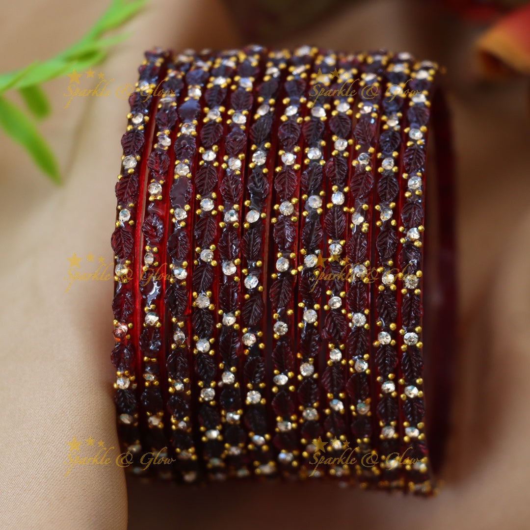 Vintage Leaf-Patterned Stone Glass Bangles Set