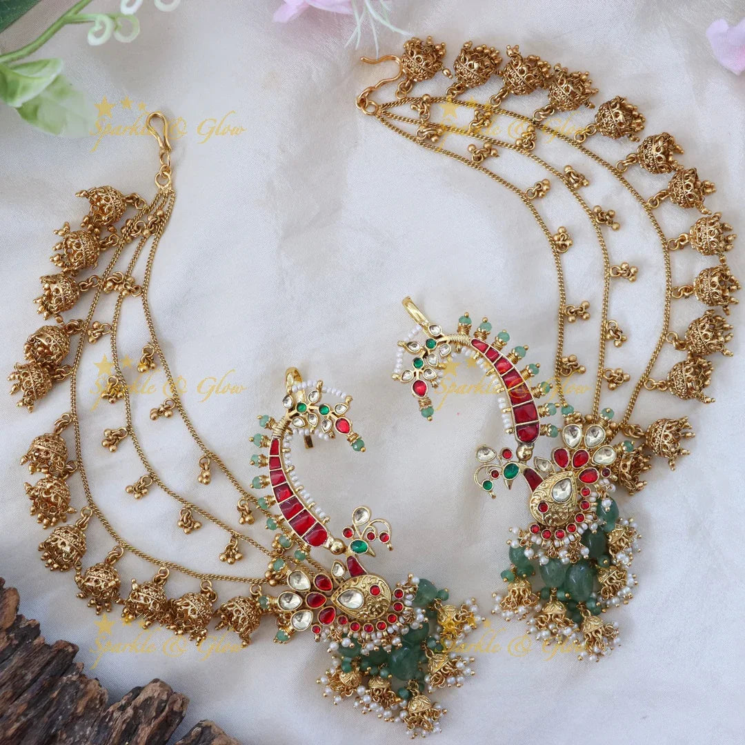 Elegant Kundan Jadau Earrings & Earchain Set
