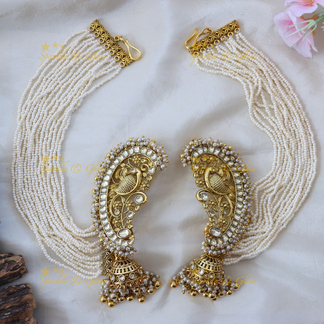Elegant Peacock Earrings with Gold and Pearl Finish