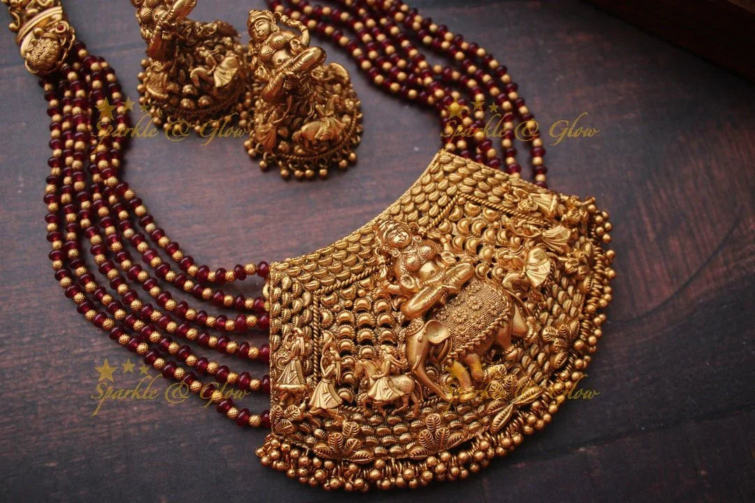 Gold alike intricate Lakshmi Bead necklace - Ruby - Sparkle and Glow
