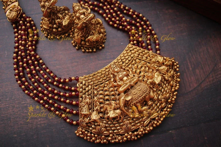 Gold alike intricate Lakshmi Bead necklace - Ruby - Sparkle and Glow