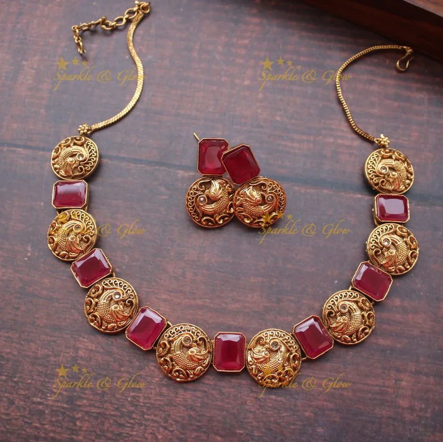 Gold alike peacock stone necklace - Pink - Sparkle and Glow