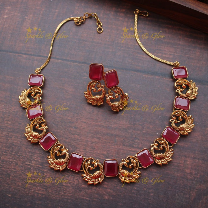 Gold alike peacock stone necklace - Pink - Sparkle and Glow - Pink - Back Chain