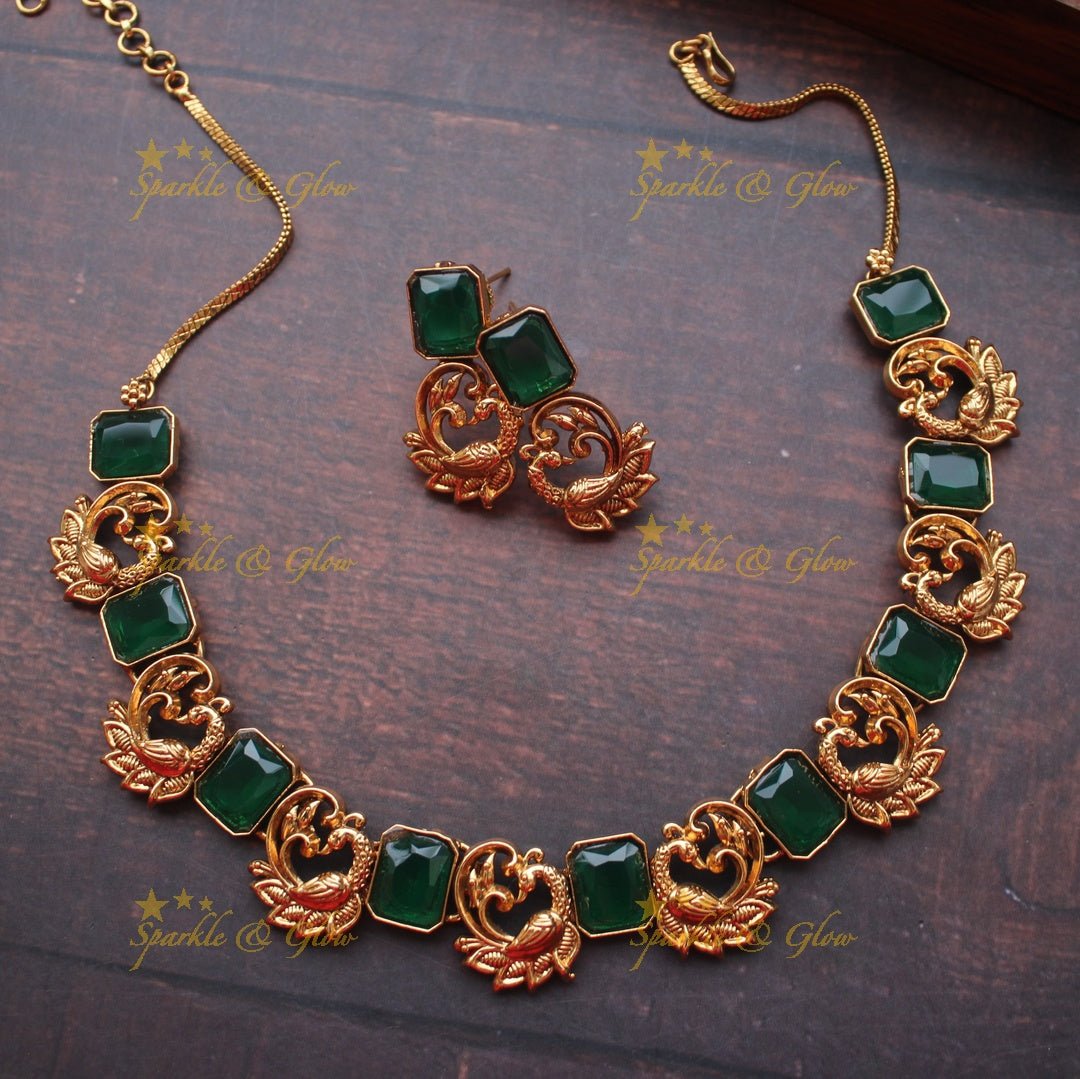 Gold alike peacock stone necklace - Pink - Sparkle and Glow - Green - Back Thread