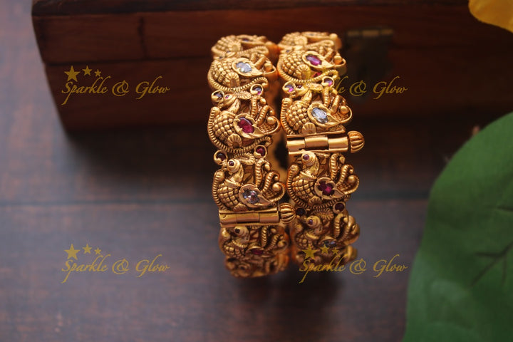 Gold alike intricate peacock bangles a pair - Pink White - 2.8
