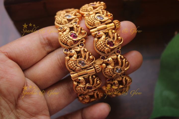 Gold alike intricate peacock bangles a pair - Pink White - 2.8