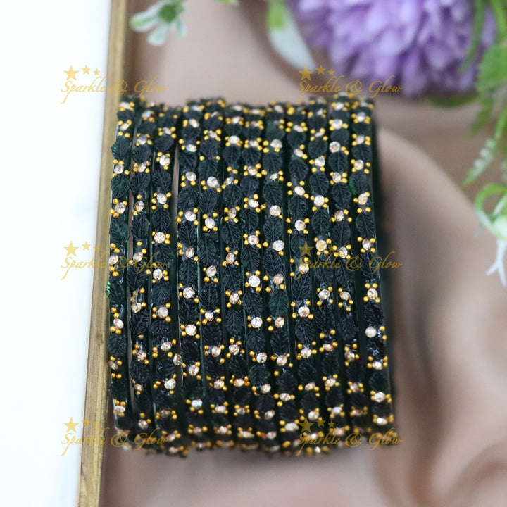 Vintage Leaf-Patterned Stone Glass Bangles Set
