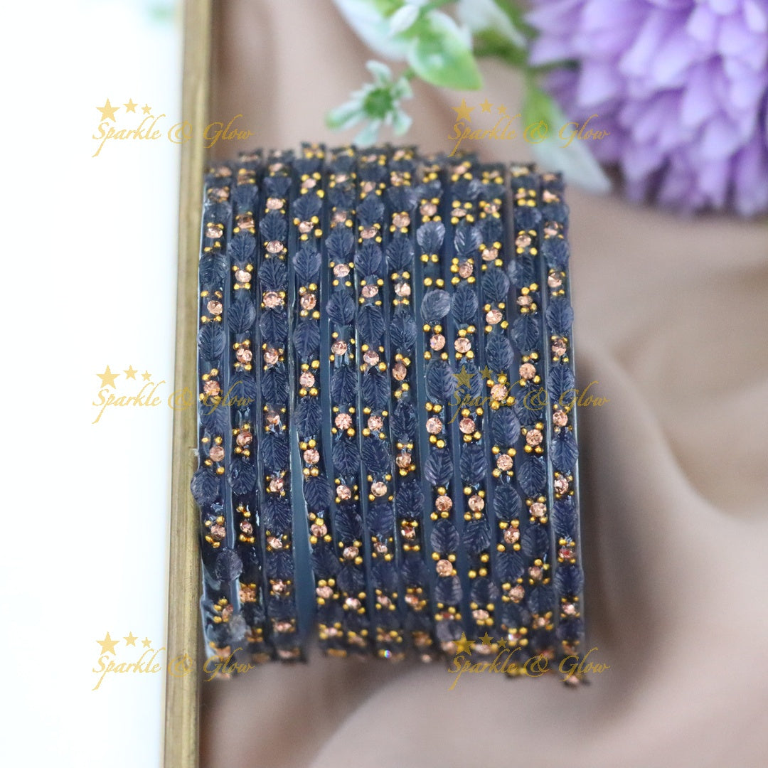 Vintage Leaf-Patterned Stone Glass Bangles Set