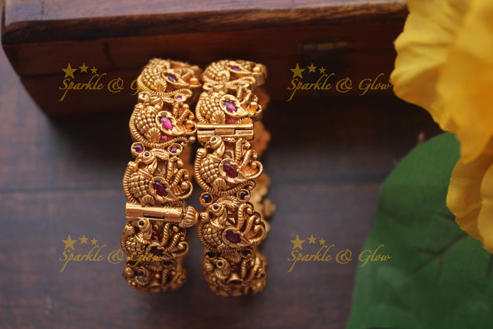 Gold alike intricate peacock bangles a pair - Pink  - 2.8