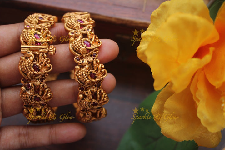 Gold alike intricate peacock bangles a pair - Pink  - 2.8