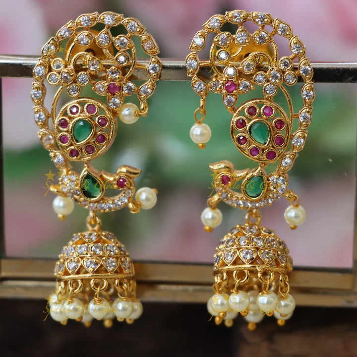 Exquisite Gold-Plated Gemstone Jhumka Earrings
