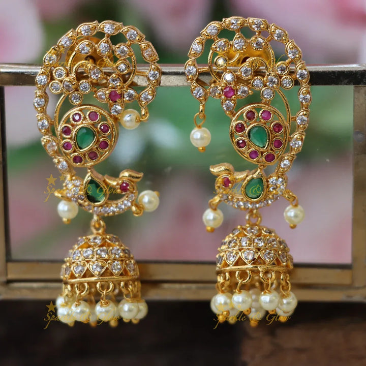 Exquisite Gold-Plated Gemstone Jhumka Earrings