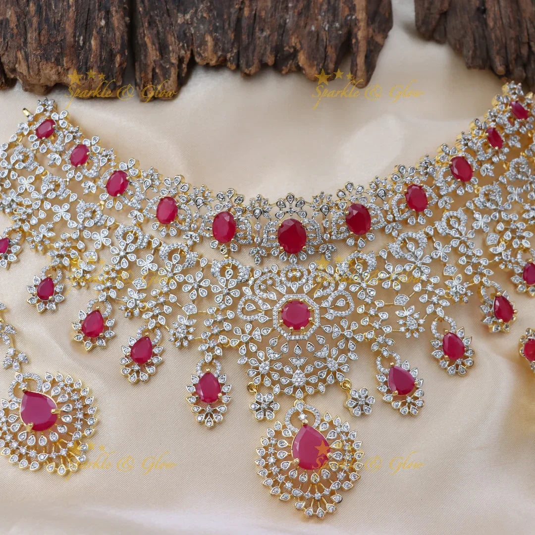 Grand GJ polish Floral American Diamond Bridal Choker Set