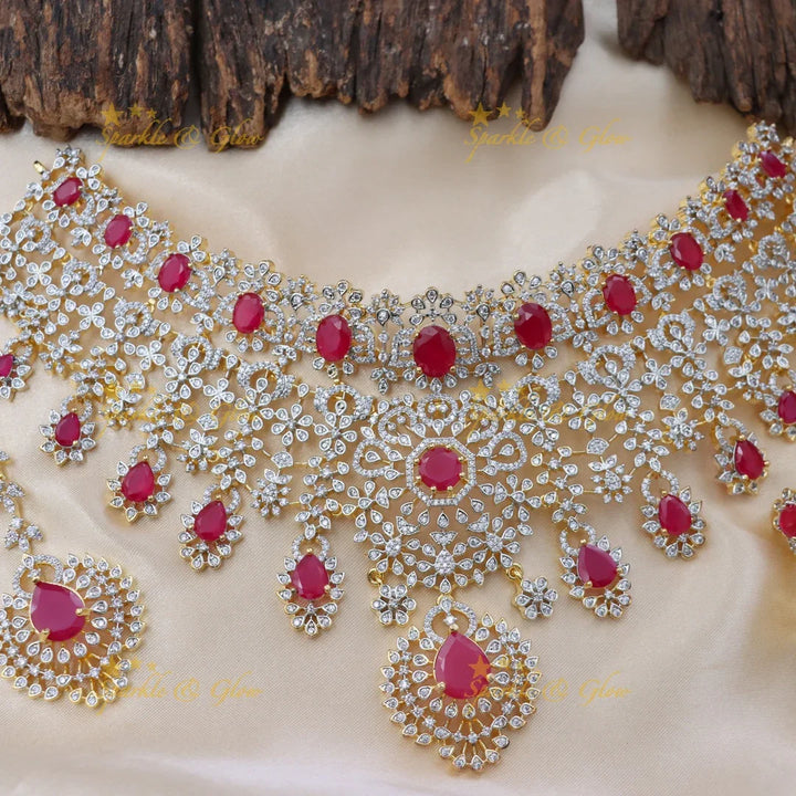 Grand GJ polish Floral American Diamond Bridal Choker Set