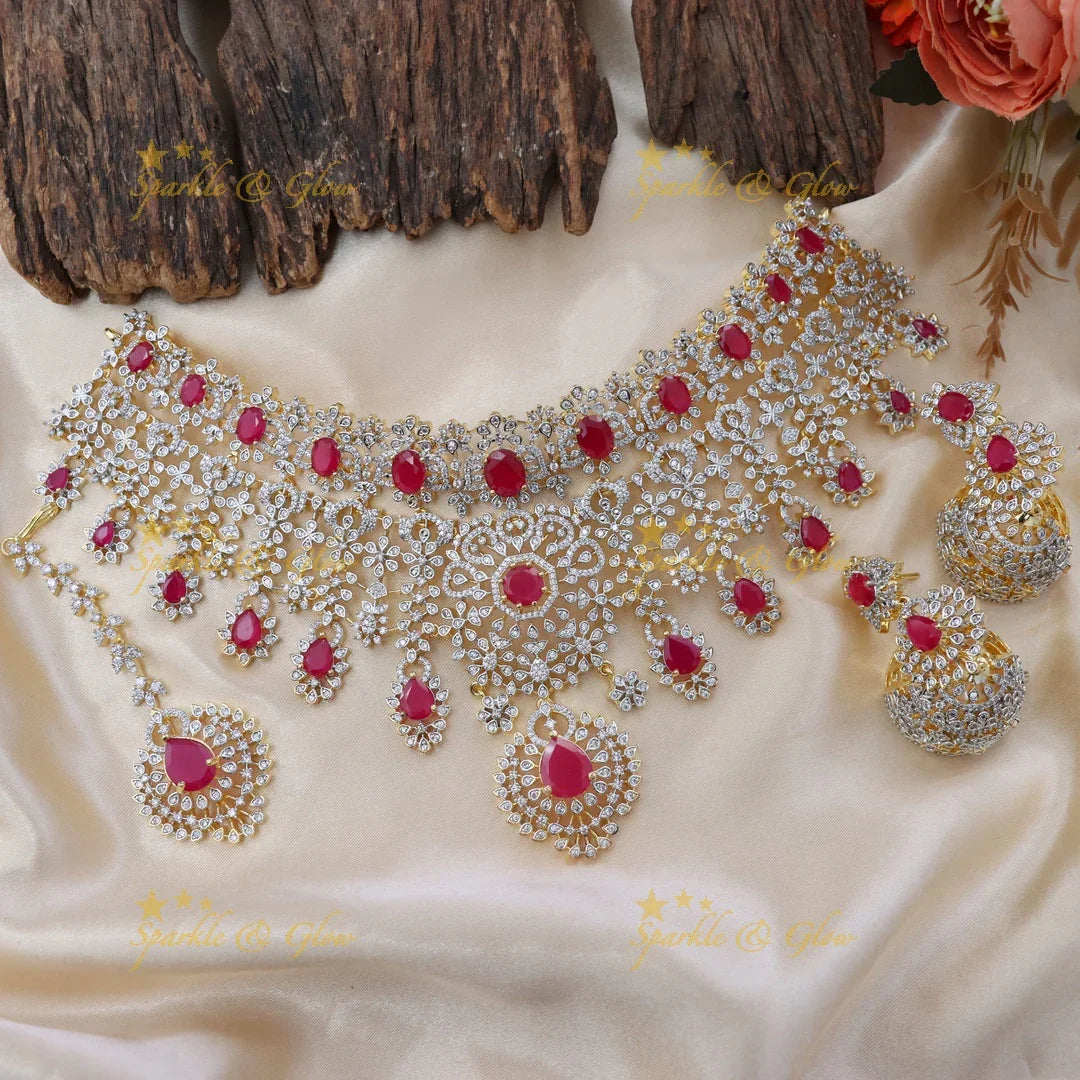 Grand GJ polish Floral American Diamond Bridal Choker Set