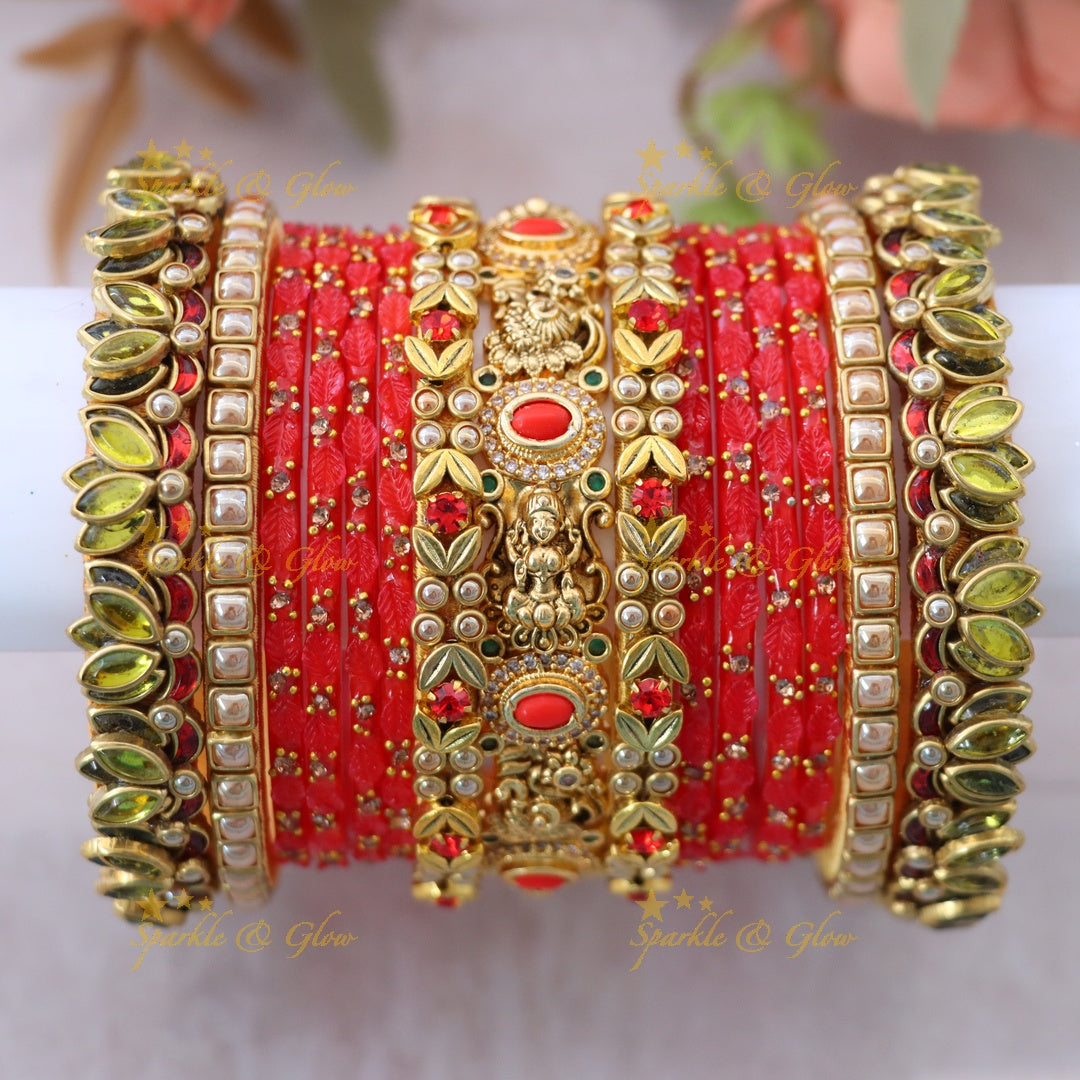 Exquisite Lakshmi Bridal Bangle Set with Coral Silk
