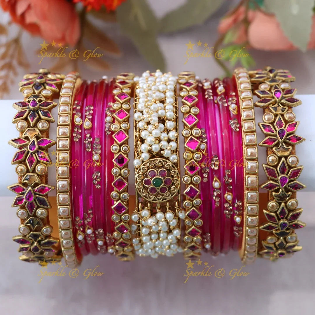 Exquisite Pink Floral Bridal Bangle Set for Weddings