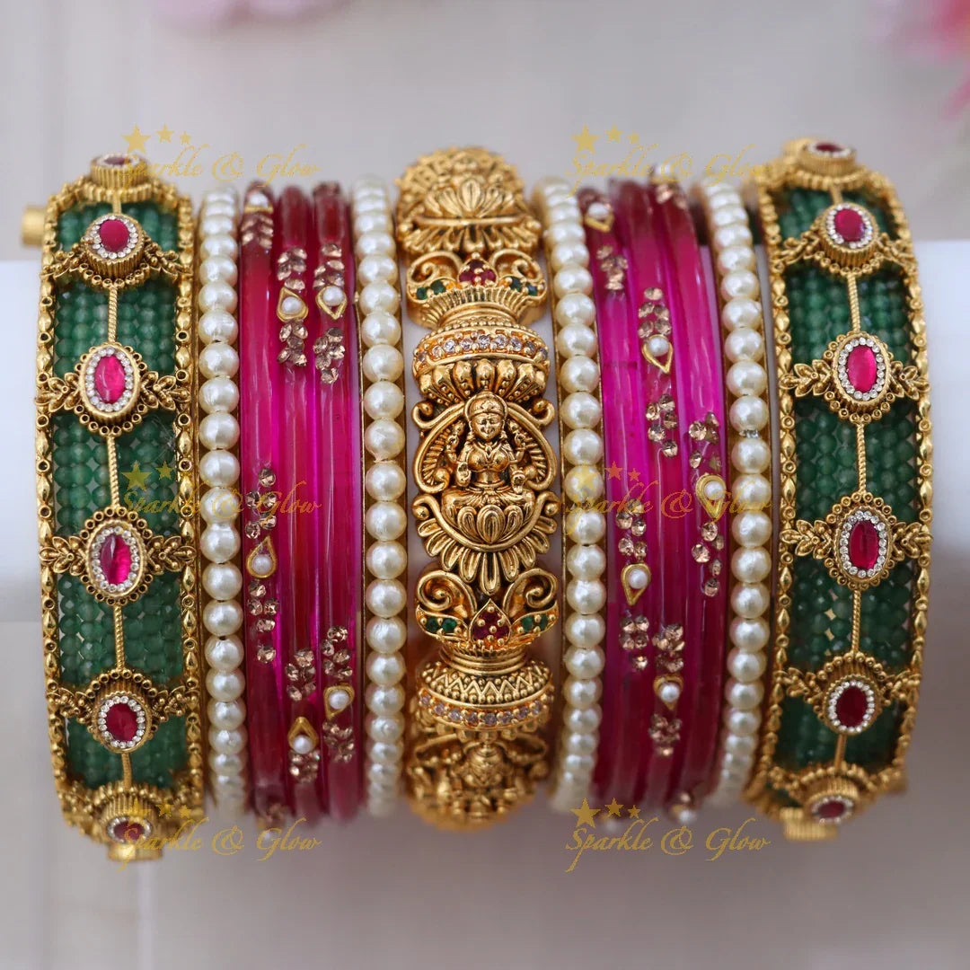 Exquisite Lakshmi Kundan Floral Bridal Bangle Set- One hand