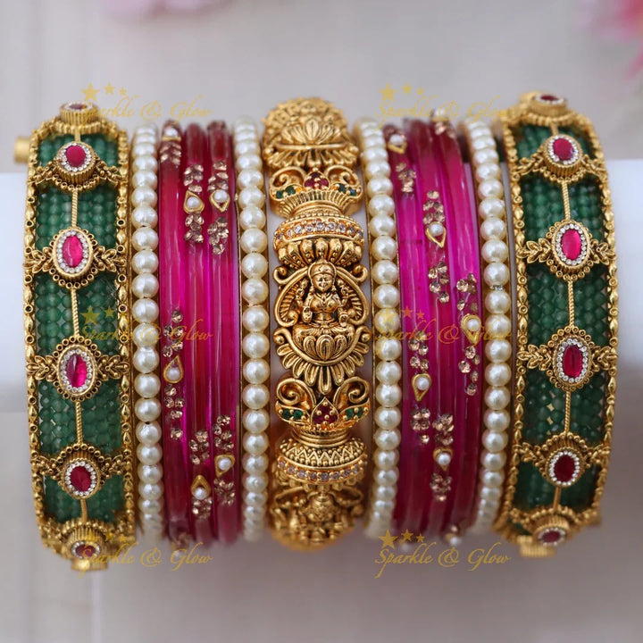 Exquisite Lakshmi Kundan Floral Bridal Bangle Set- One hand
