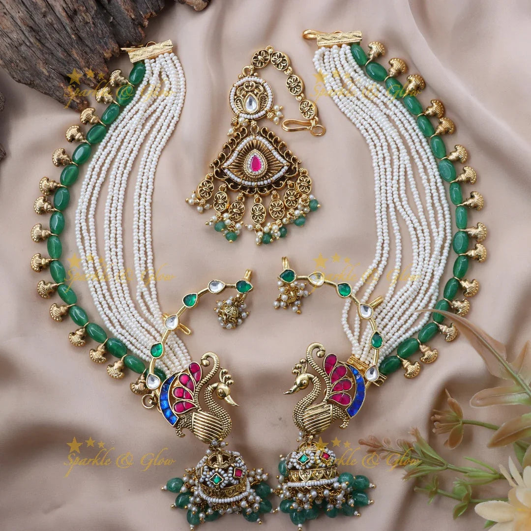 Exquisite Jadau Kundan Jewelry Set - Peacock Design