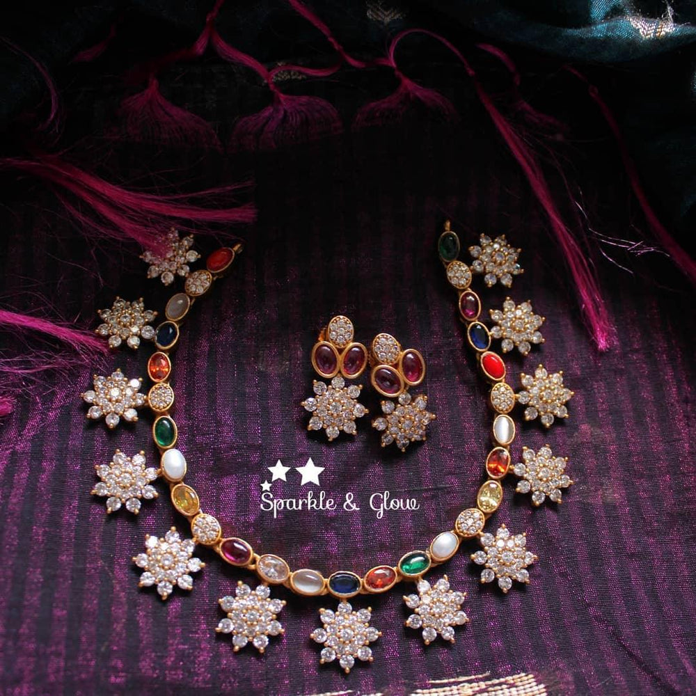 AD Stone flower design neckpiece - Pink - Sparkle and Glow