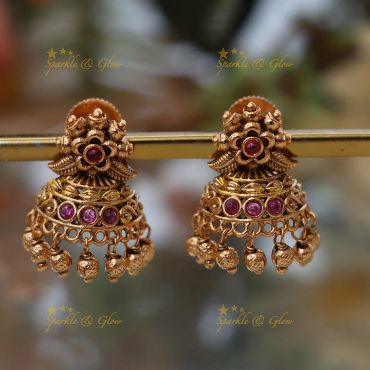 Exquisite Floral Gold Jhumka Earrings - Festive Elegance