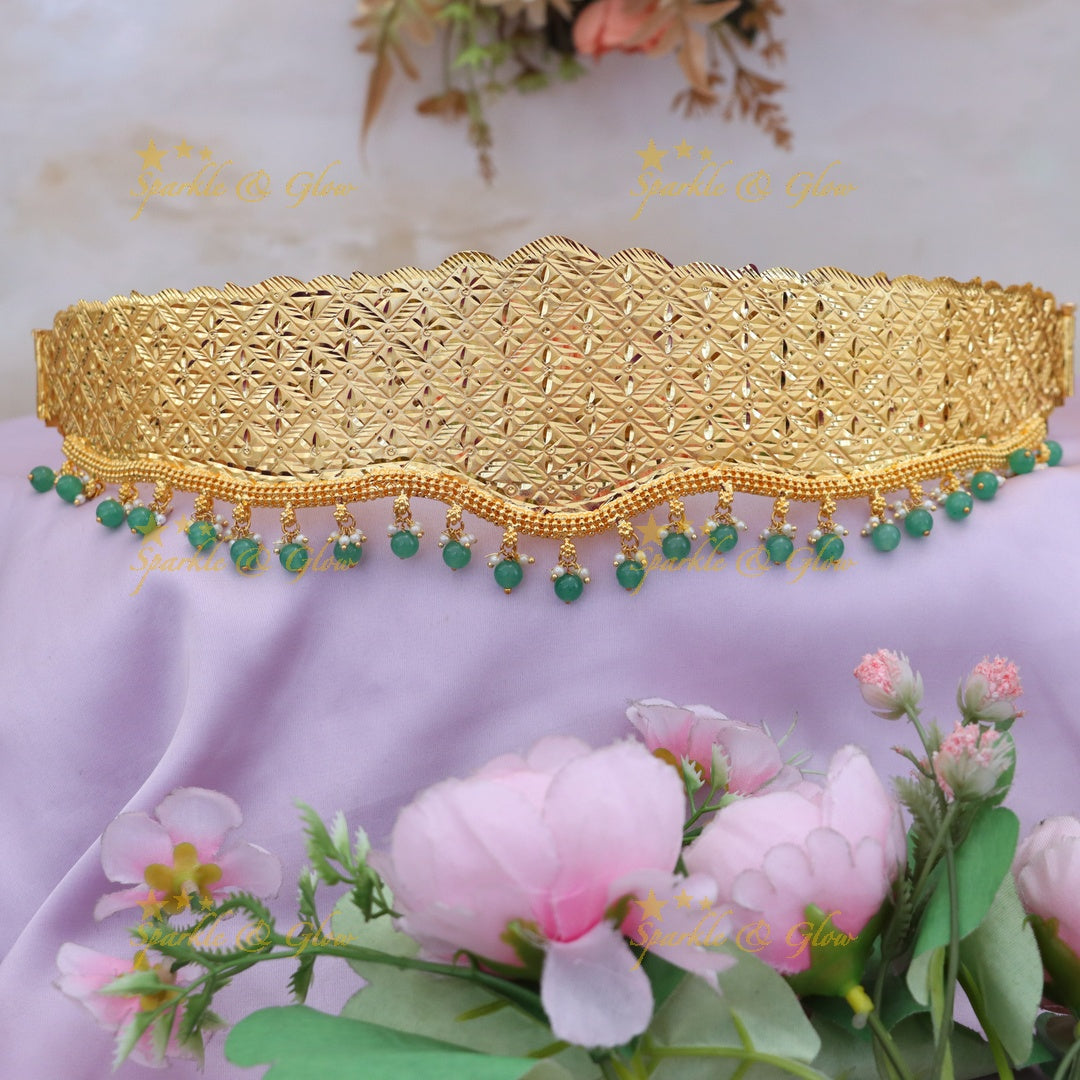 Green Beaded Floral Hip Belt for Festive Elegance