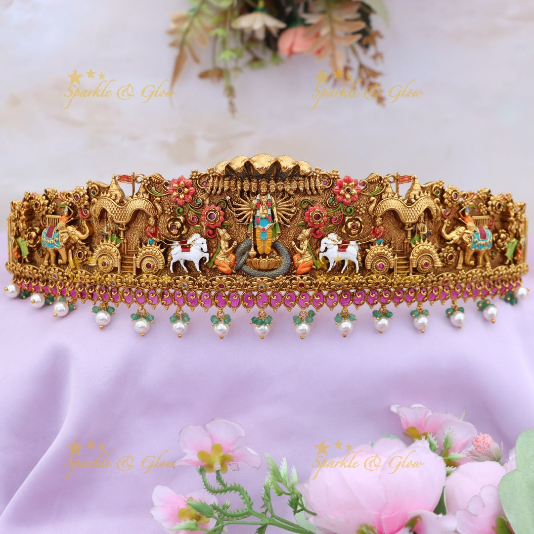 Exquisite Gold Lord Vishnumurthy Hip Belt for Weddings