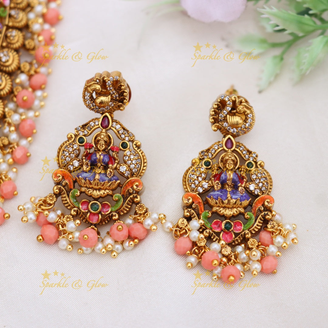 Exquisite Temple Necklace: Pink Beads & Lakshmi Idol