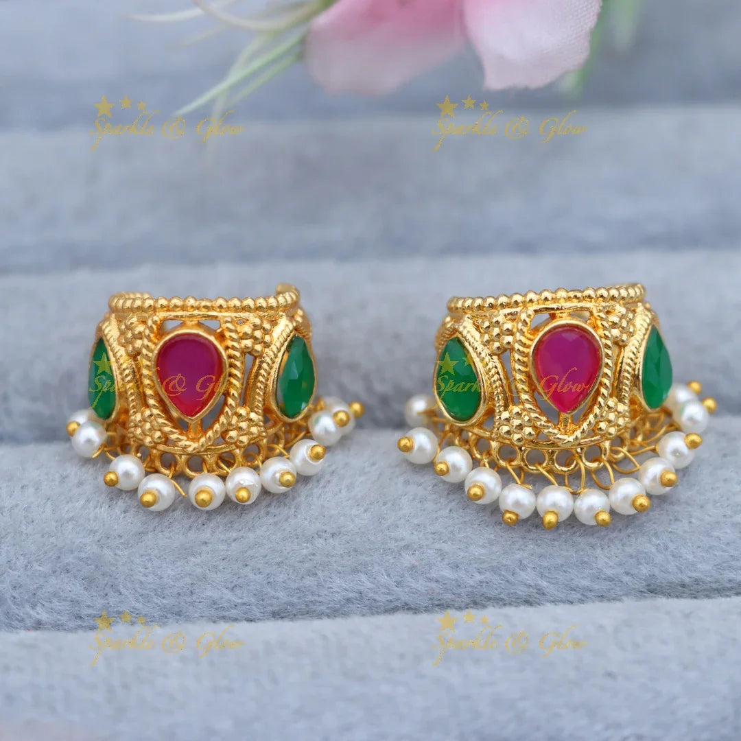Simple Bugadis Exclusive Floral Triangle Design Pearl Bugadi Earrings – Sparkle and Glow
