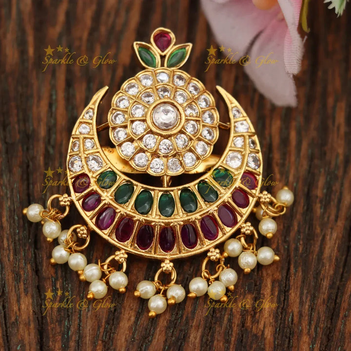 Floral Pearl Half Moon Saree Pin - Festive Elegance