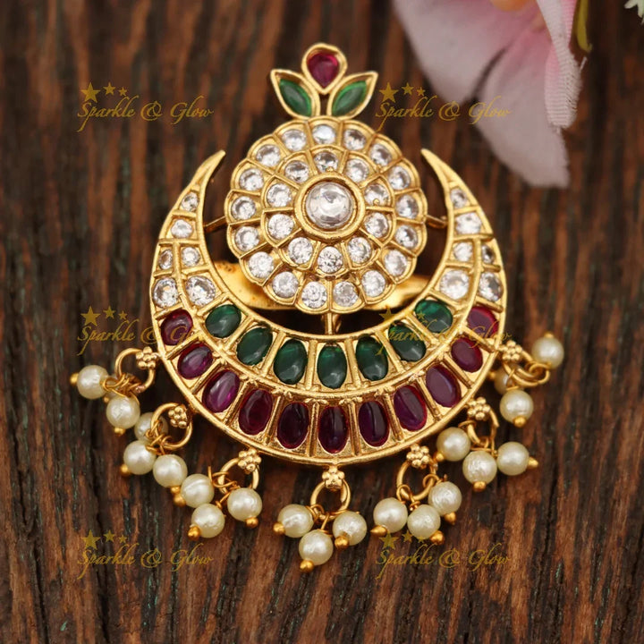 Floral Pearl Half Moon Saree Pin - Festive Elegance