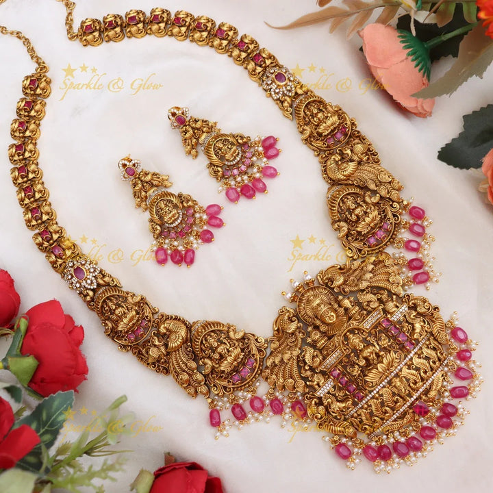 Exquisite Lakshmi Peacock Temple Beaded Haram Necklace