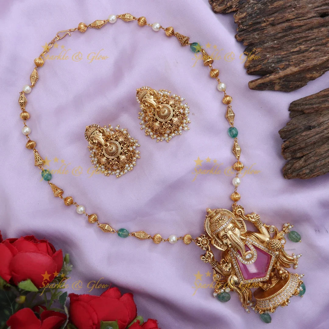 Ganesh Long Gold Necklace Set - Festive Glamour