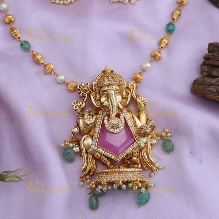 Ganesh Long Gold Necklace Set - Festive Glamour