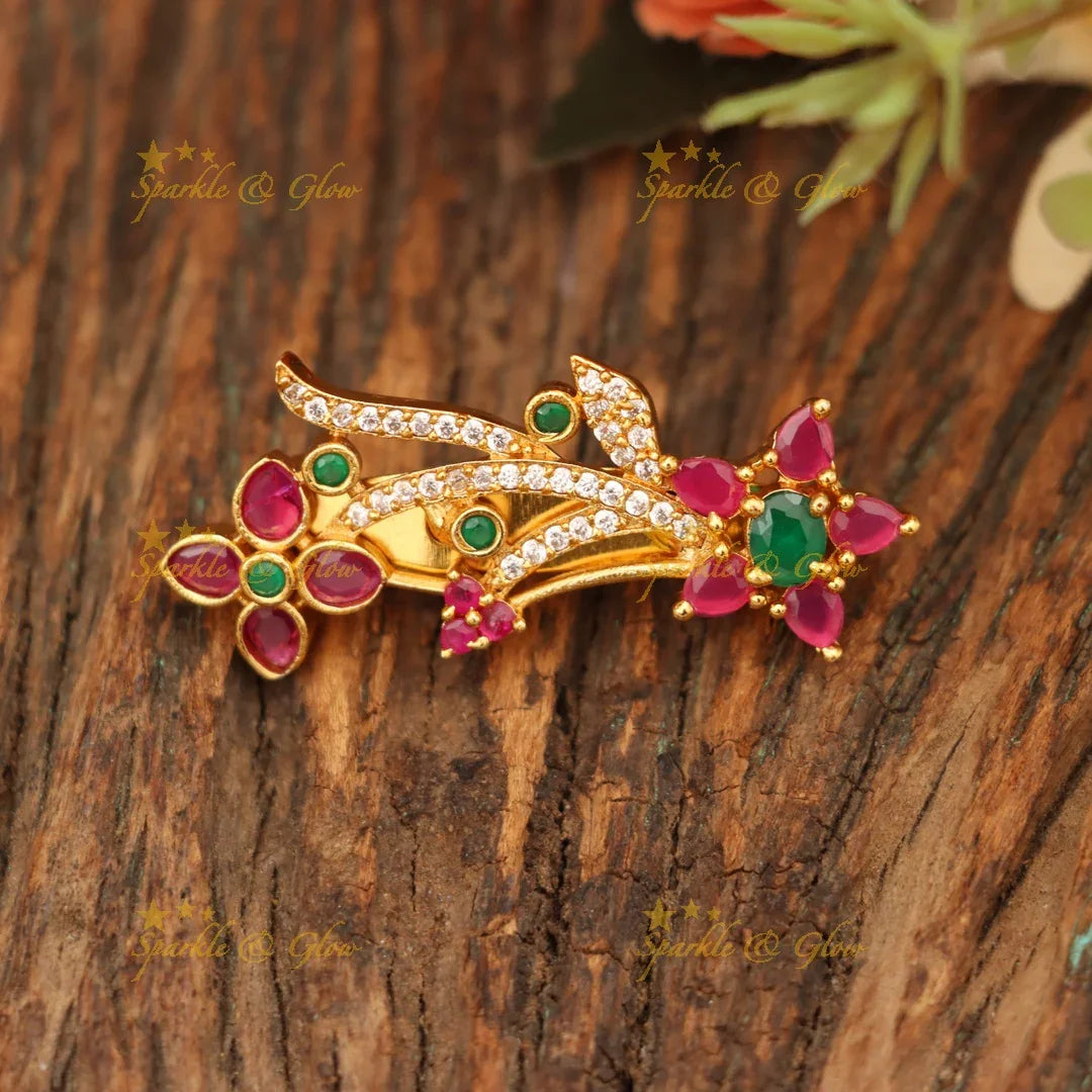 Exquisite Ruby & Emerald Saree Pin for Festive Glamour