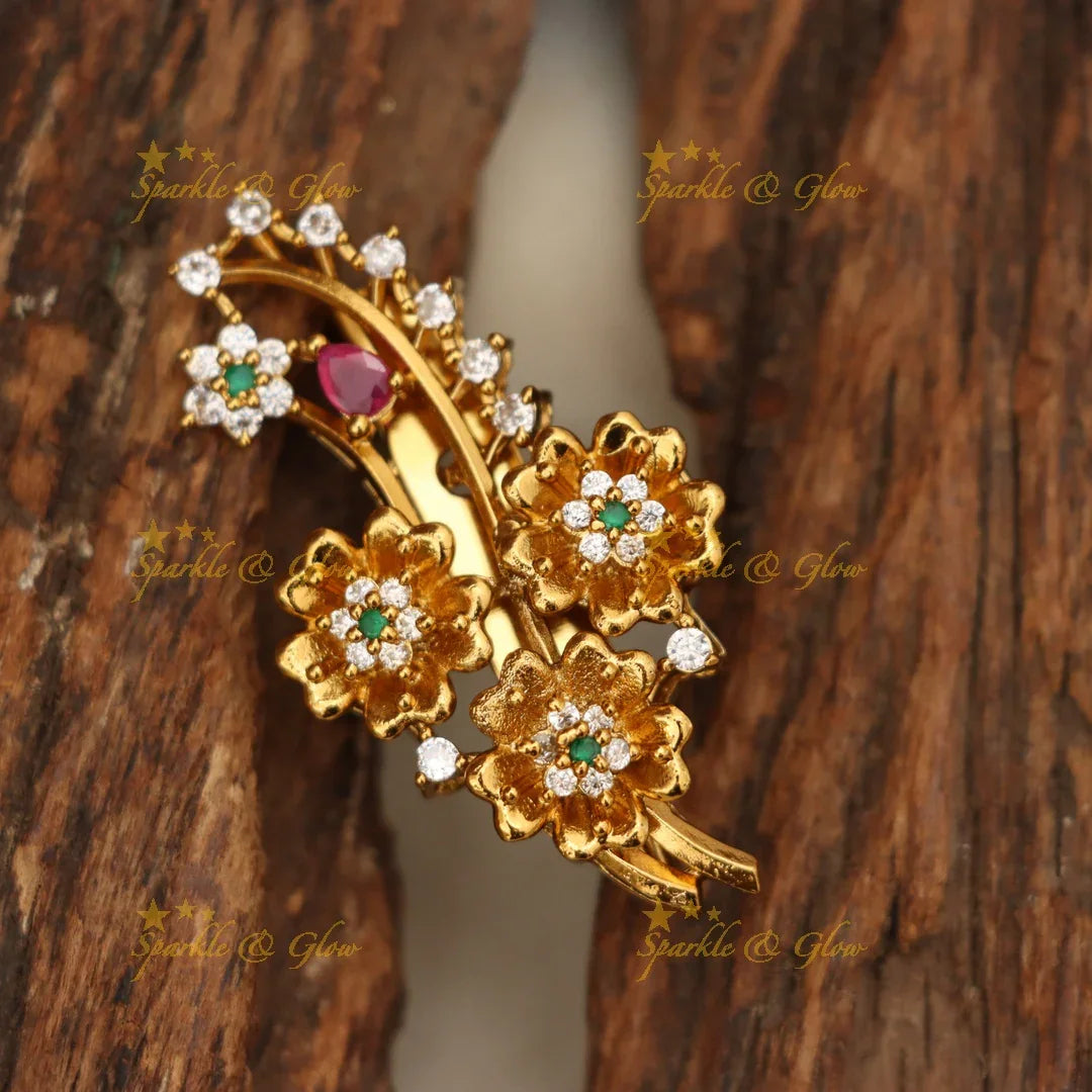 Dazzling Floral Gold-Like Saree Pin for Festive Glam