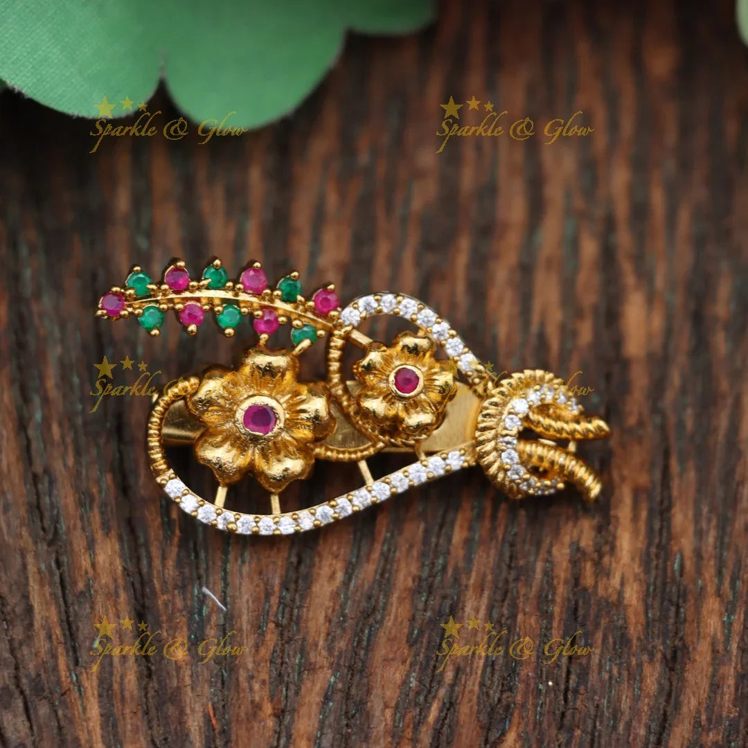 Gold-Plated Floral Saree Pin for Festive Elegance