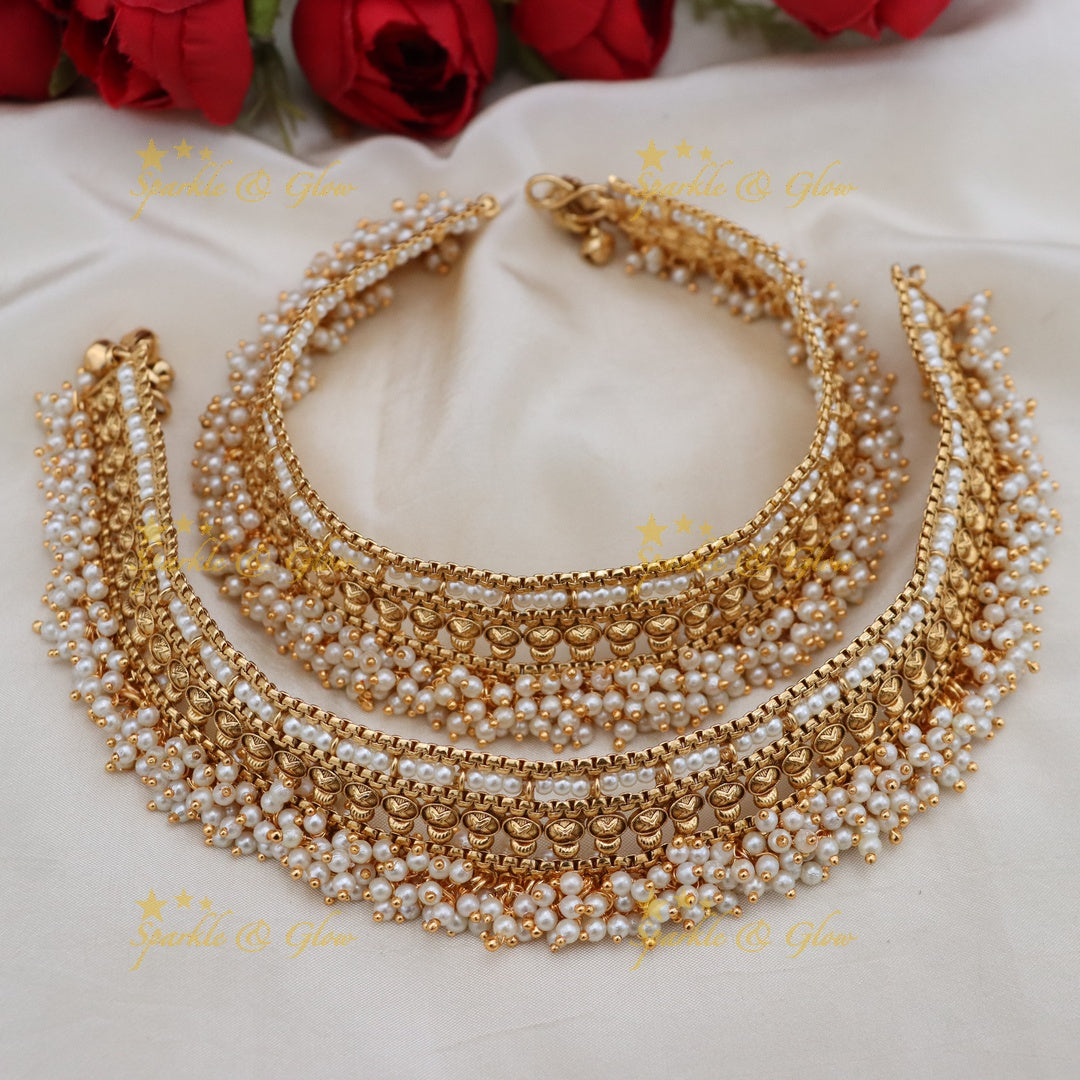 Exquisite Pearl & Gold Tone Anklet for Weddings & Festivities