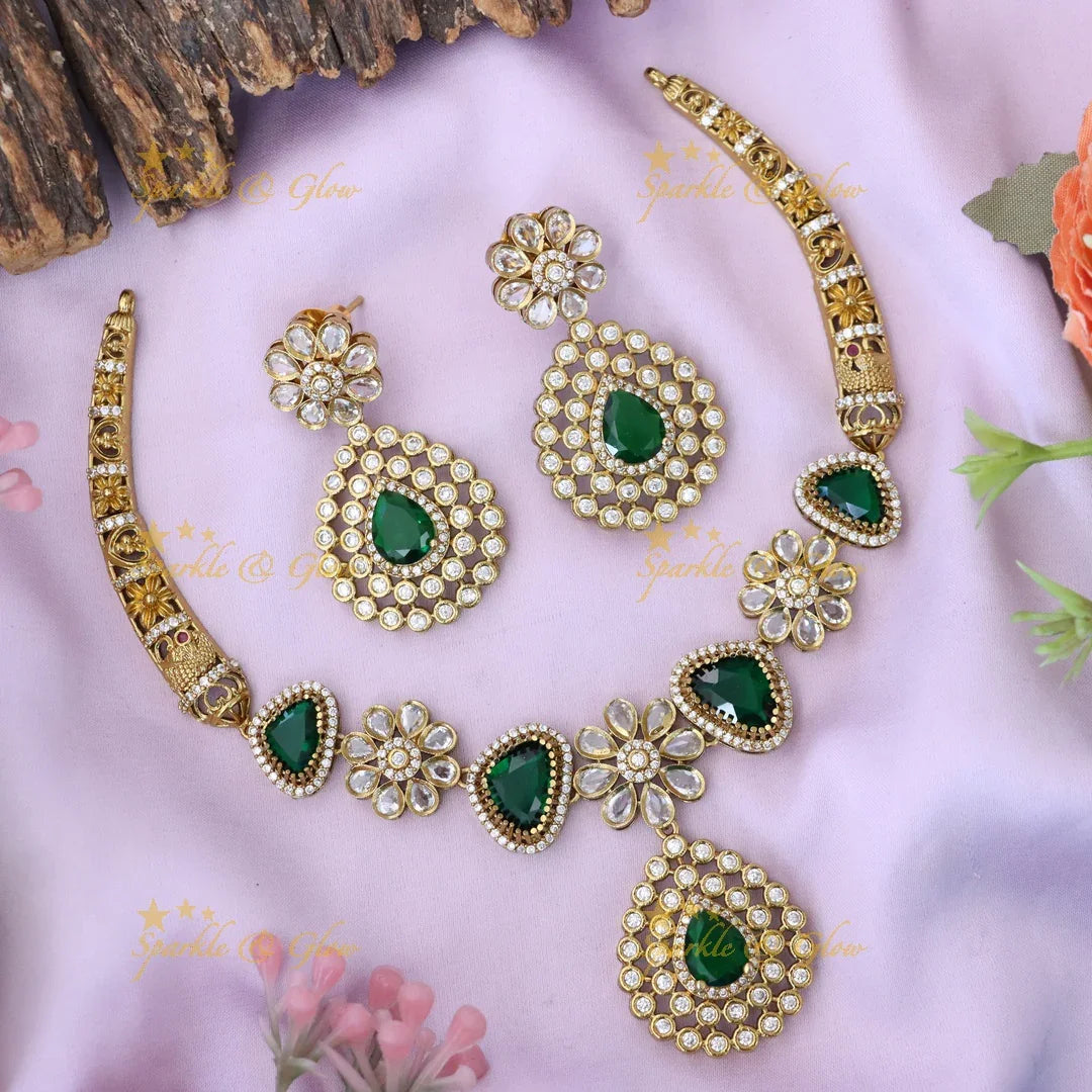 Radiant Green Gemstone Necklace Set - Perfect for Celebrations