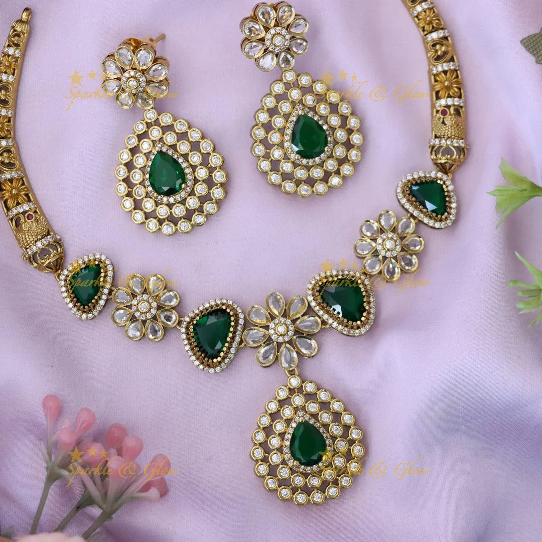 Radiant Green Gemstone Necklace Set - Perfect for Celebrations