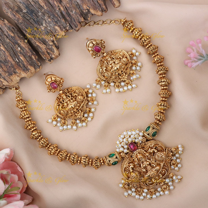 Exquisite Gold Pearl Temple Necklace with Earrings