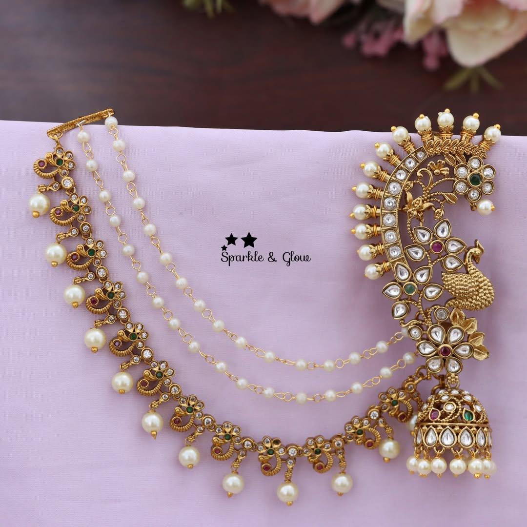 Elegant Peacock Floral Ear Cuff and Chain Set
