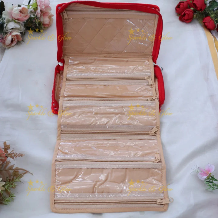 Elegant Red Embroidered Jewellery Organizer | Sparkle & Glow