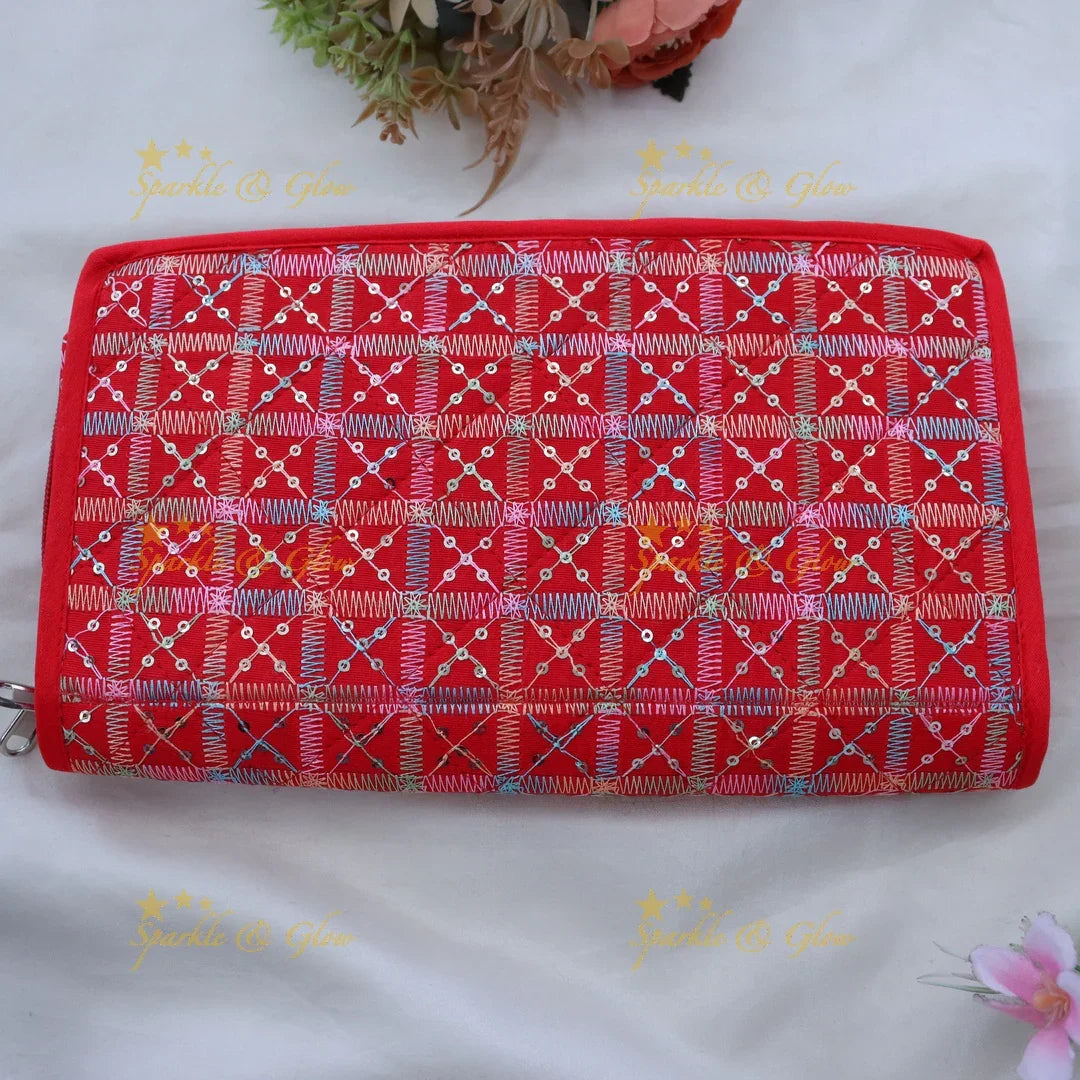 Elegant Red Embroidered Jewellery Organizer | Sparkle & Glow
