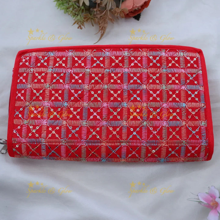 Elegant Red Embroidered Jewellery Organizer | Sparkle & Glow