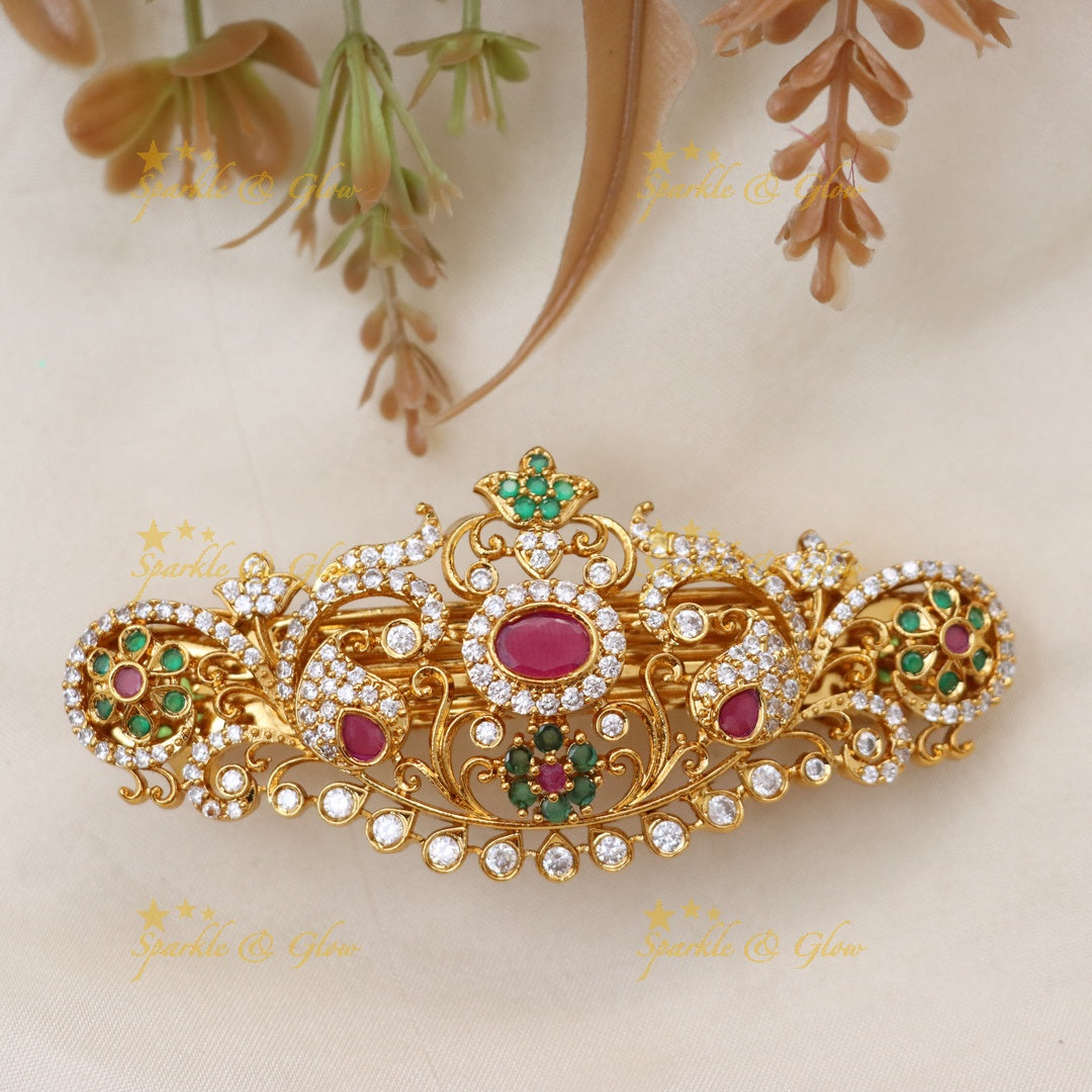 Gold-Plated Floral Hair Clip with Gemstones - Elegant Style
