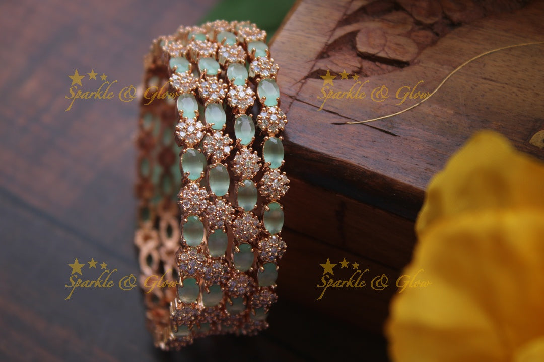 Rose Gold AD stone bangles - set of four -  -  2.4 - Mint Green