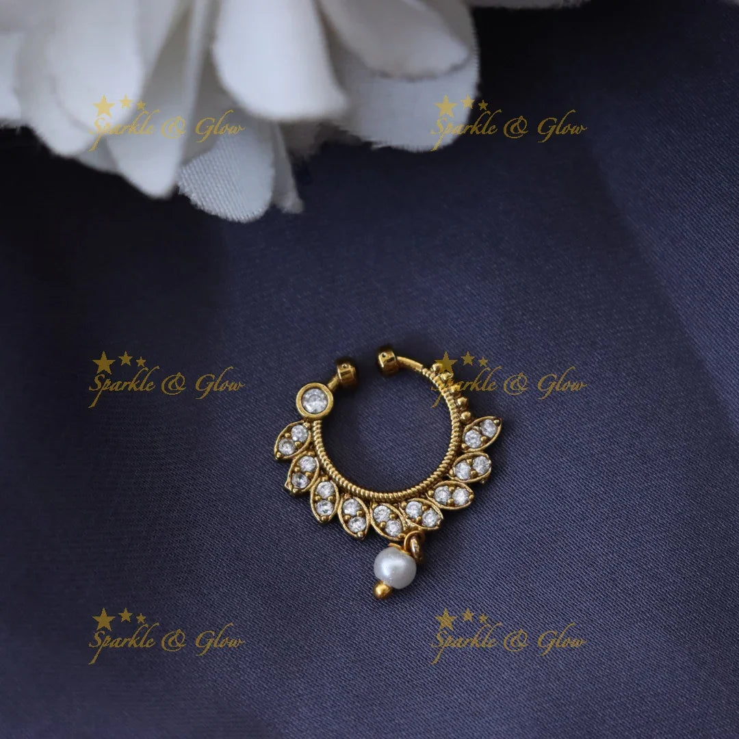 Gold-Plated Pearl Crystal Nose Ring - Indian Elegance